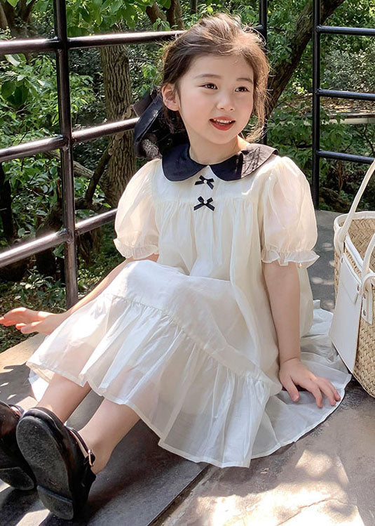 Beautiful White Peter Pan Collar Wrinkled Patchwork Cotton Kids Girls Dress Summer - Image 3