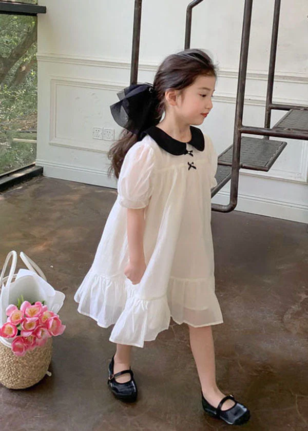 Beautiful White Peter Pan Collar Wrinkled Patchwork Cotton Kids Girls Dress Summer - Image 4