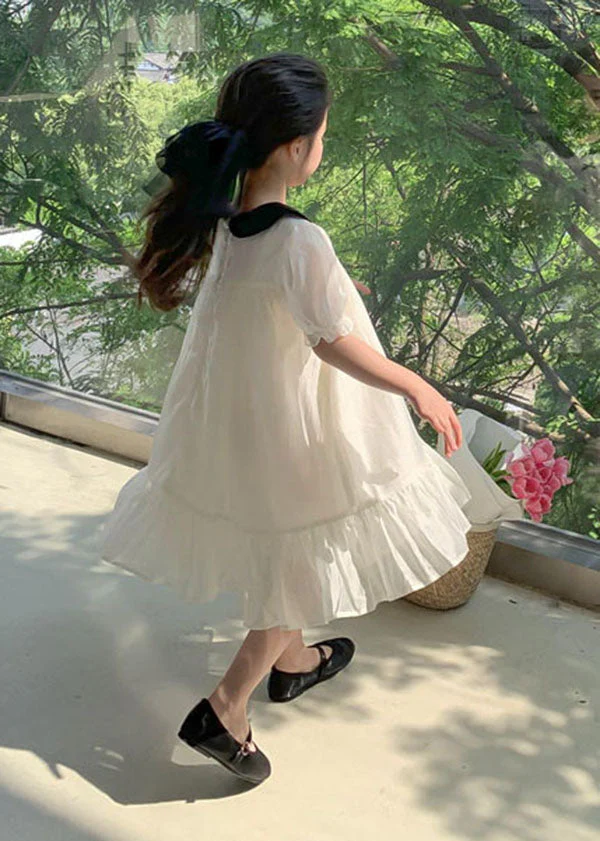Beautiful White Peter Pan Collar Wrinkled Patchwork Cotton Kids Girls Dress Summer - Image 5