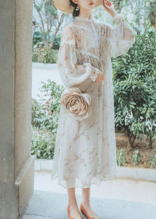 Beautiful White Print Lace Patchwork Chiffon Two Pieces Dresses Fall - Image 2