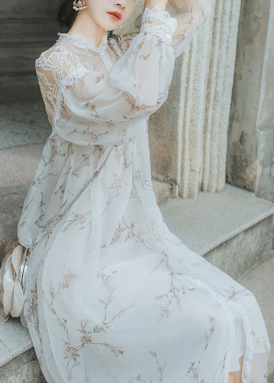Beautiful White Print Lace Patchwork Chiffon Two Pieces Dresses Fall - Image 3