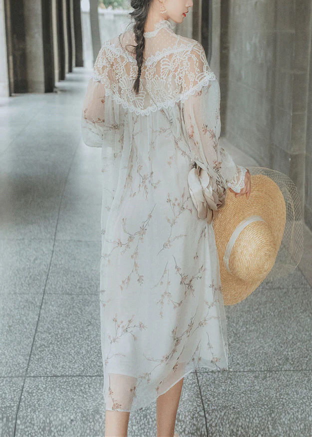 Beautiful White Print Lace Patchwork Chiffon Two Pieces Dresses Fall - Image 4