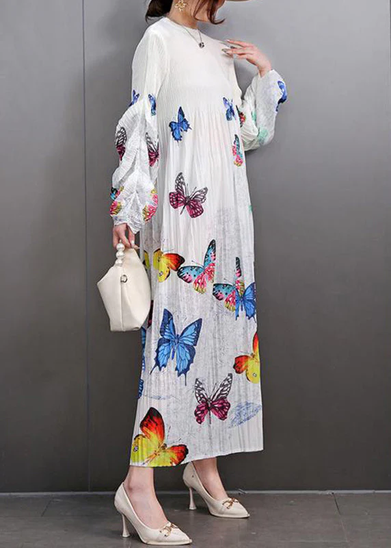 Beautiful White Print Wrinkled Long Dress Fall - Image 4