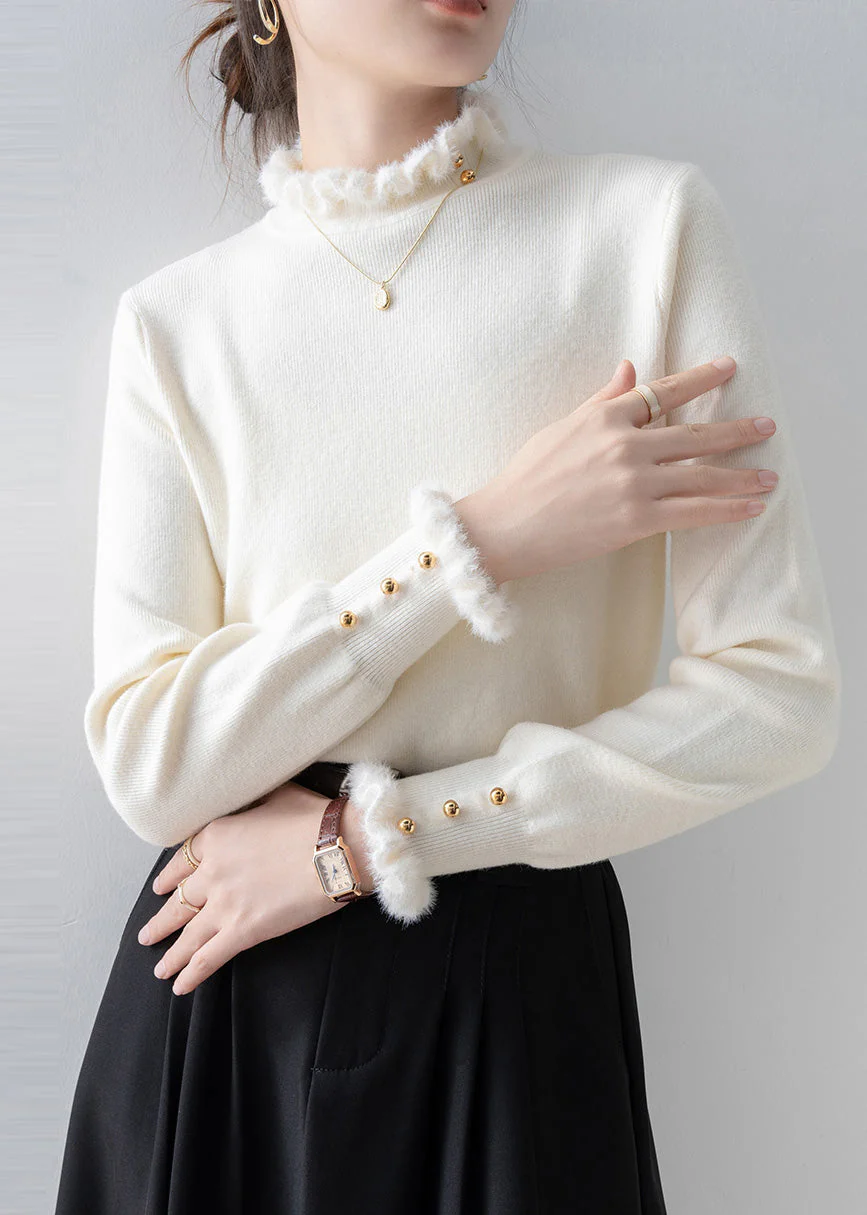 Beautiful White Ruffled Patchwork Faux Fur Sweaters Winter