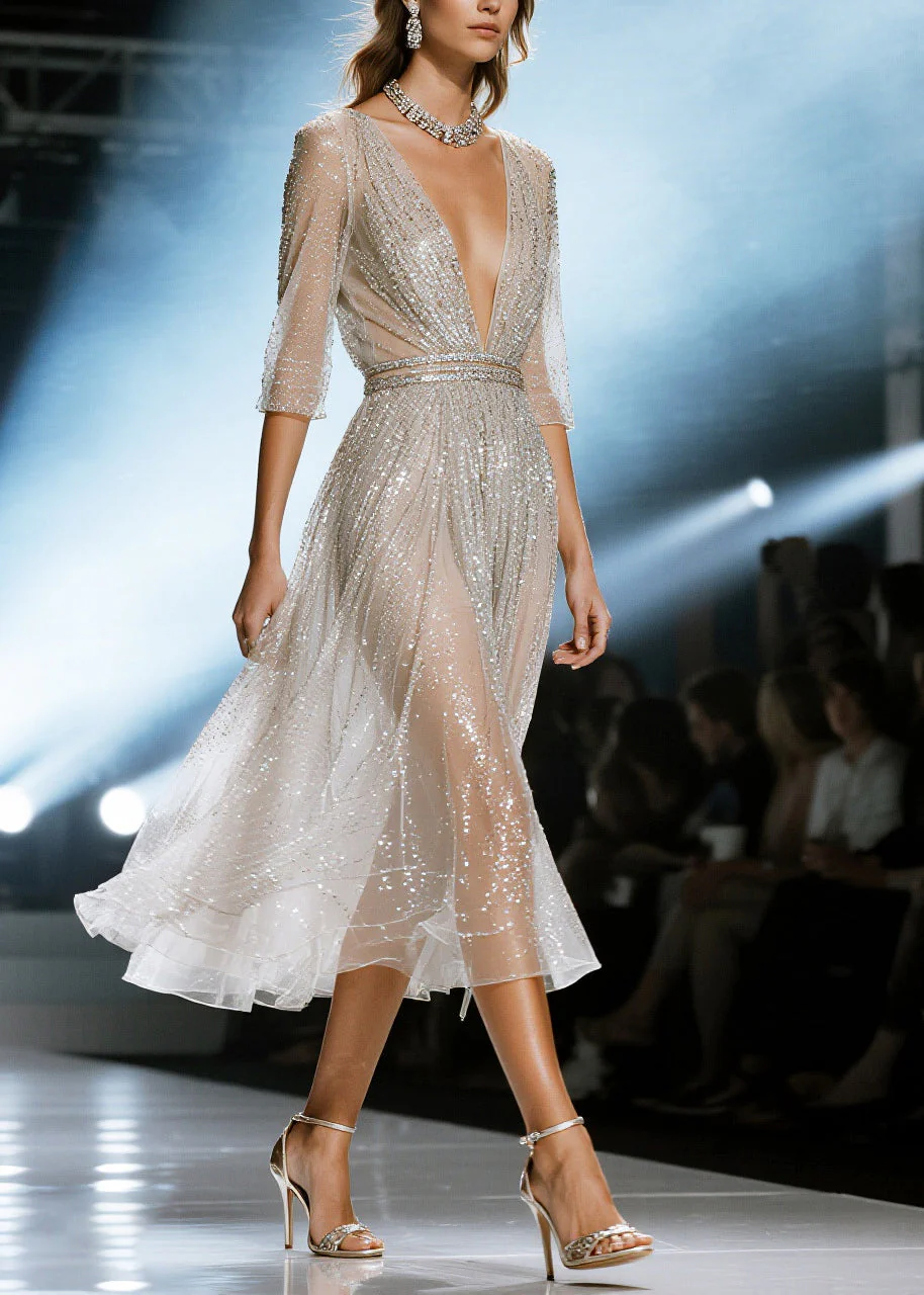Beautiful White Sequins Hollow Out Tulle Party Dresses Summer - Image 3