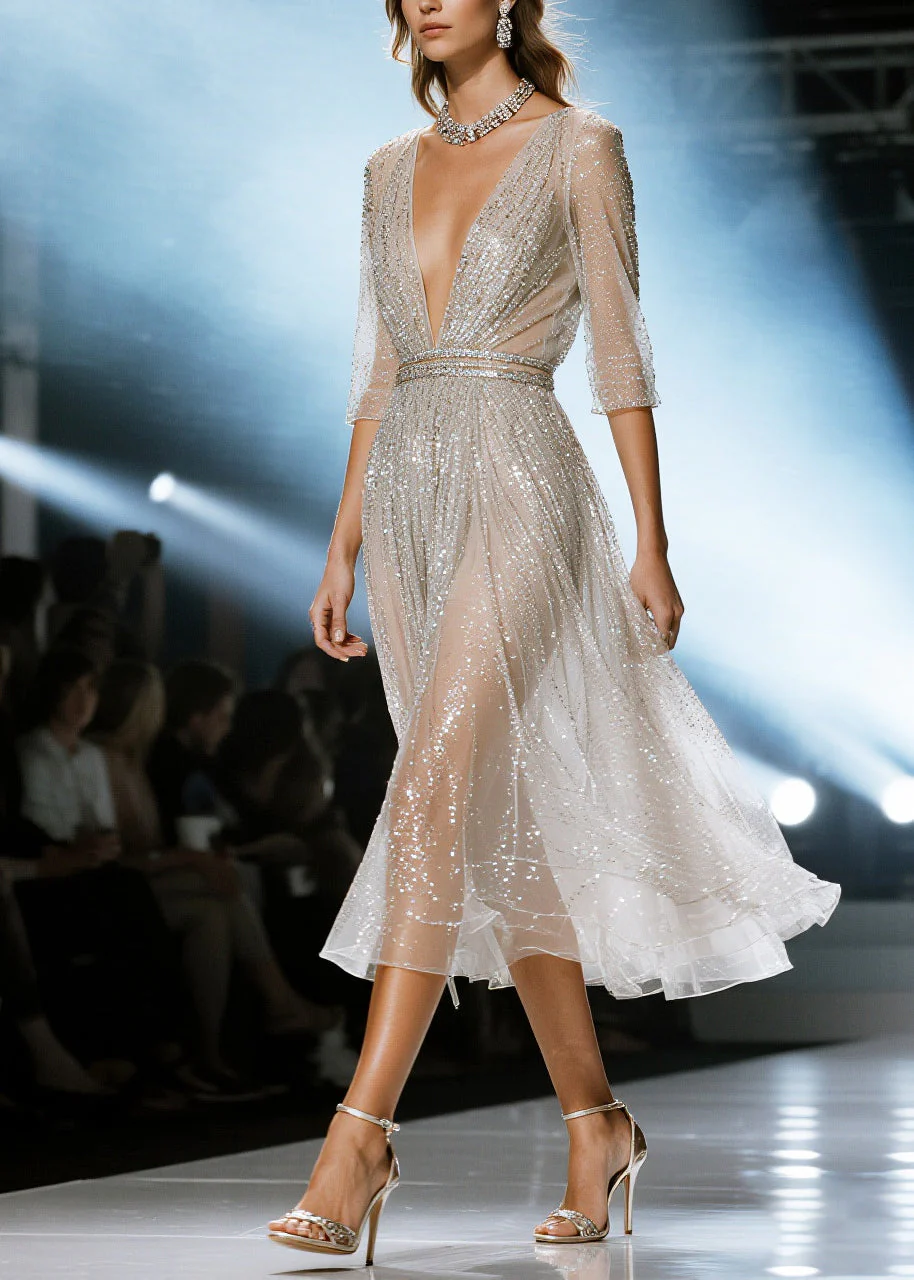 Beautiful White Sequins Hollow Out Tulle Party Dresses Summer - Image 5