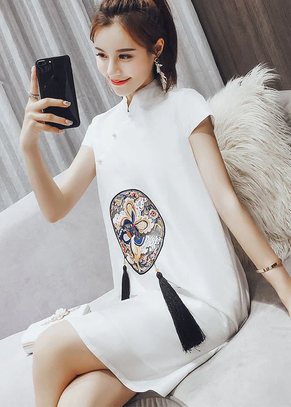 Beautiful White Stand Collar Print Tassel Button Cotton Mid Dresses Short Sleeve - Image 2