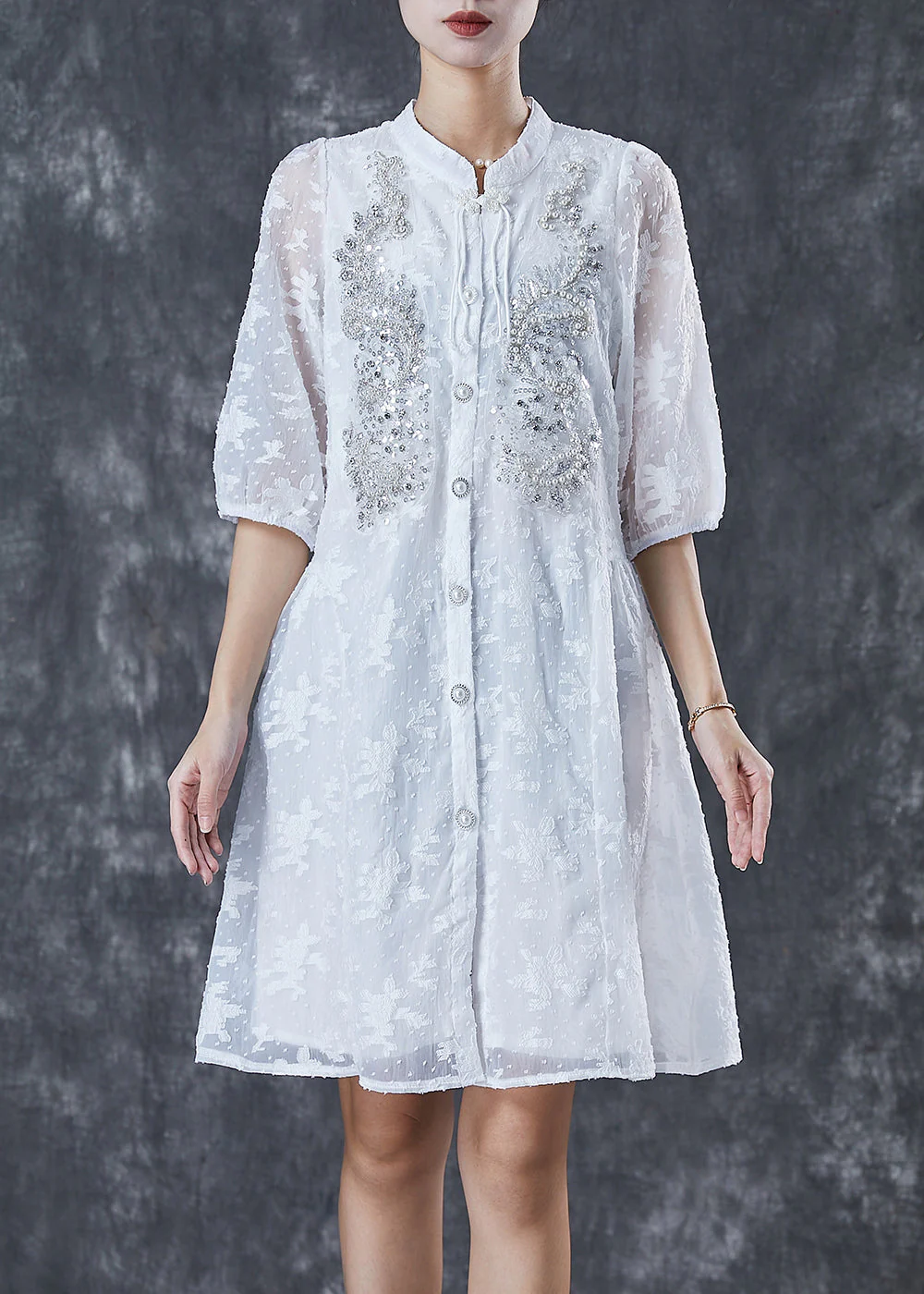 Beautiful White Tasseled Nail Bead Cotton Dress Half Sleeve - Image 2