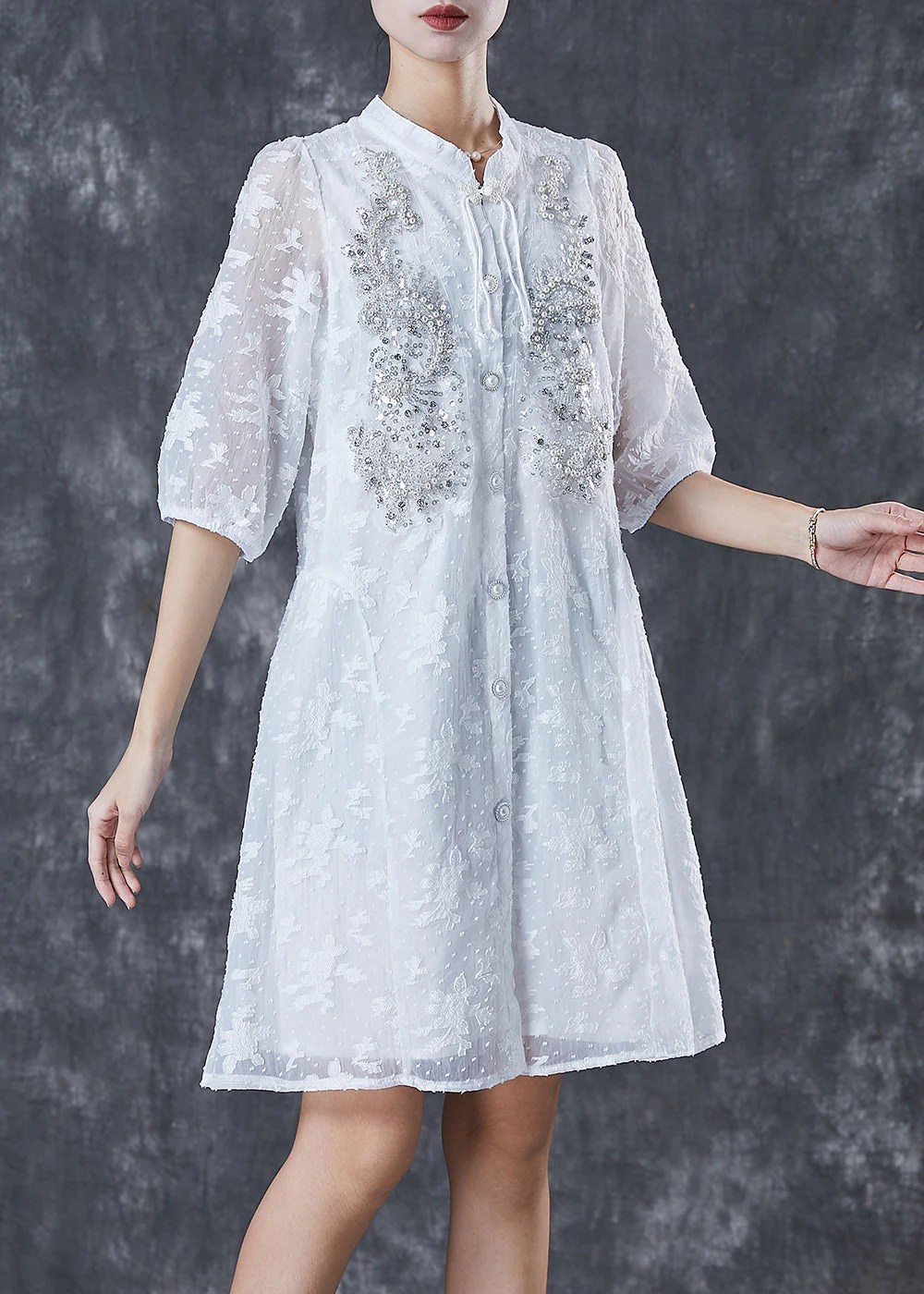Beautiful White Tasseled Nail Bead Cotton Dress Half Sleeve - Image 3