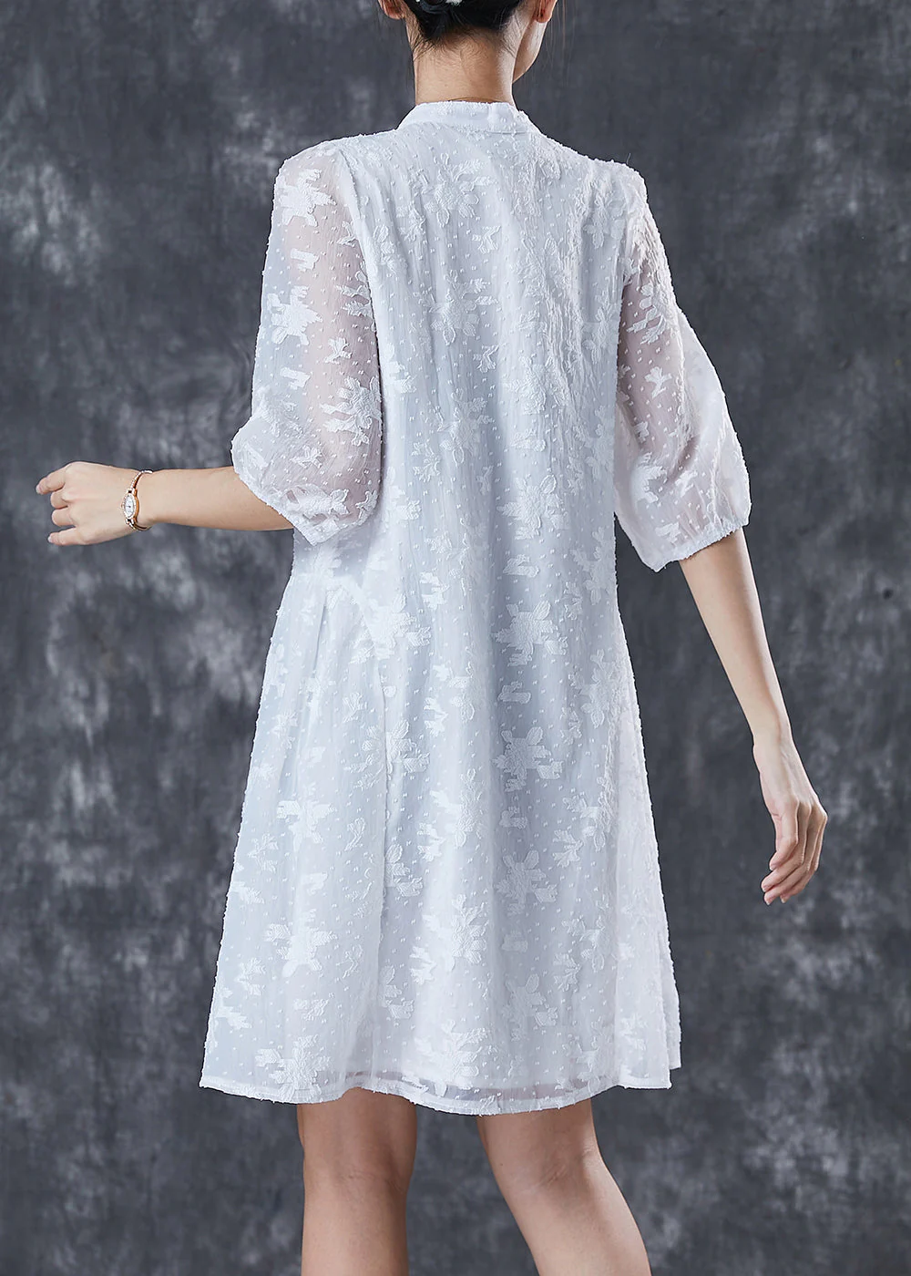Beautiful White Tasseled Nail Bead Cotton Dress Half Sleeve - Image 4