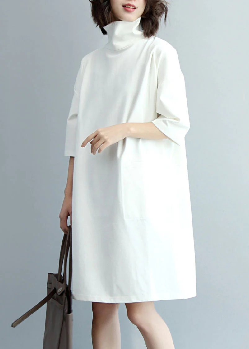 Beautiful White Turtle Neck Cotton Maxi Dresses Half Sleeve - Image 2