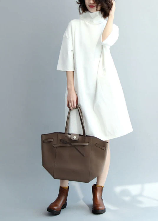 Beautiful White Turtle Neck Cotton Maxi Dresses Half Sleeve - Image 3