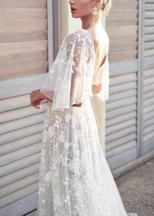 Beautiful White V Neck Backless Tulle Lace Long Dress Summer - Image 2