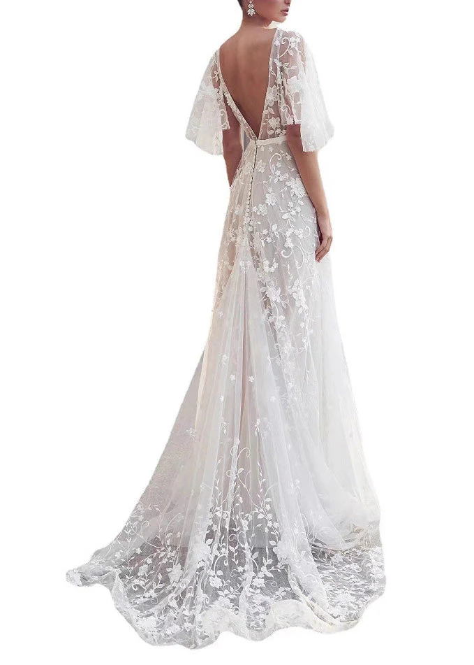 Beautiful White V Neck Backless Tulle Lace Long Dress Summer - Image 3