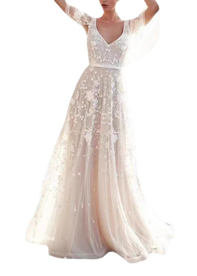Beautiful White V Neck Backless Tulle Lace Long Dress Summer - Image 4