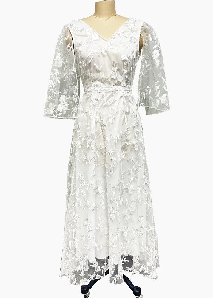 Beautiful White V Neck Backless Tulle Lace Long Dress Summer - Image 5