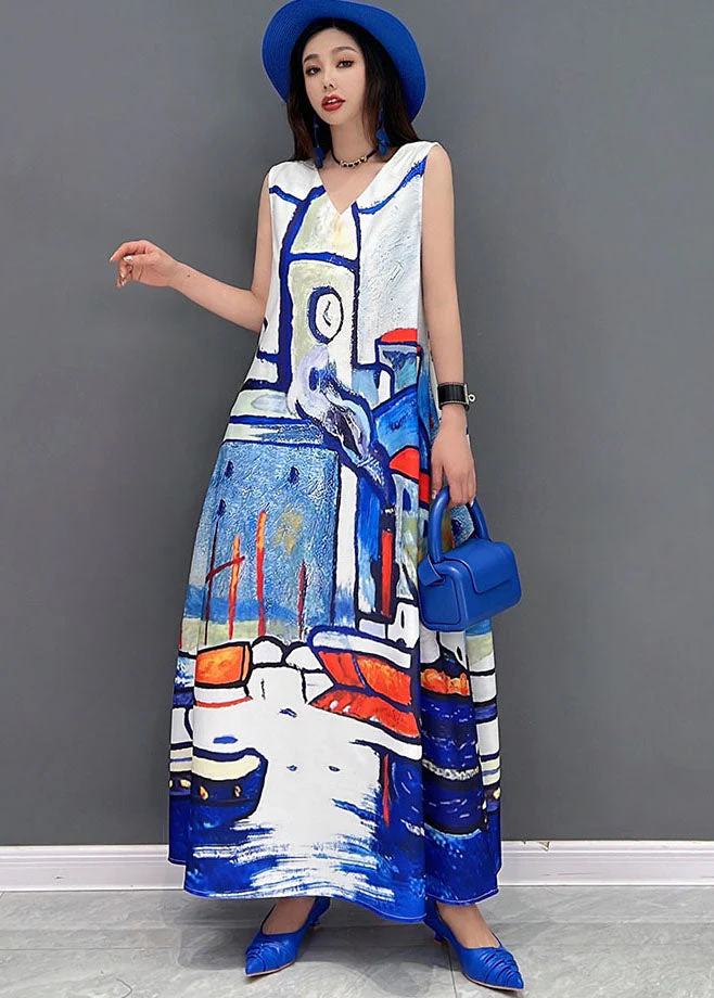Beautiful White V Neck Graphic Print Chiffon A Line Long Dress Sleeveless - Image 3