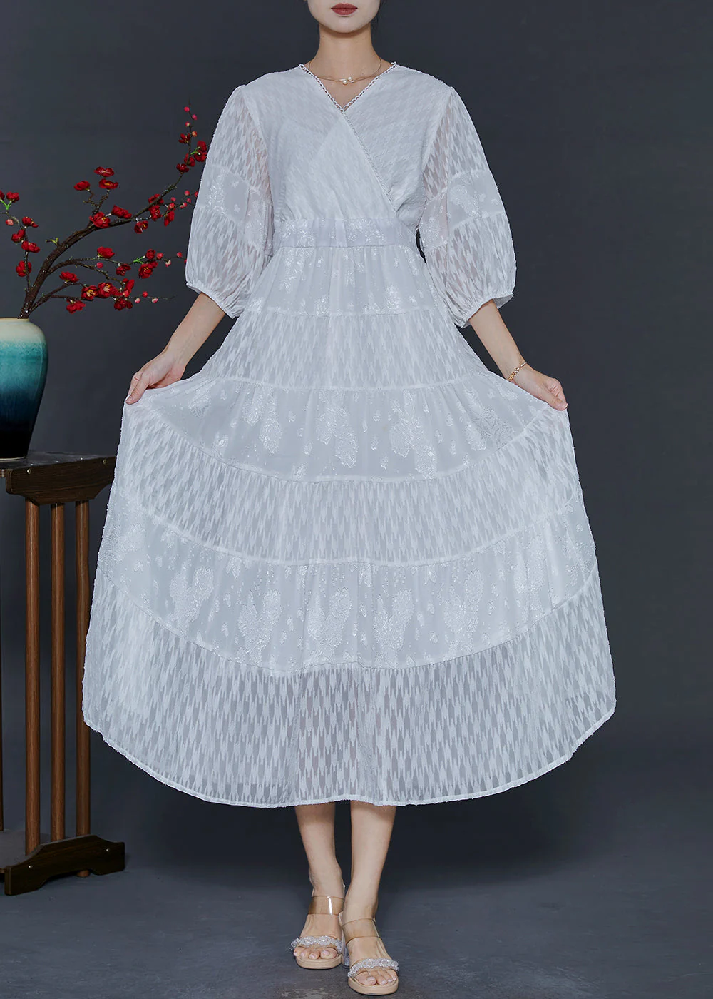 Beautiful White V Neck Patchwork Chiffon Vacation Dresses Summer - Image 2