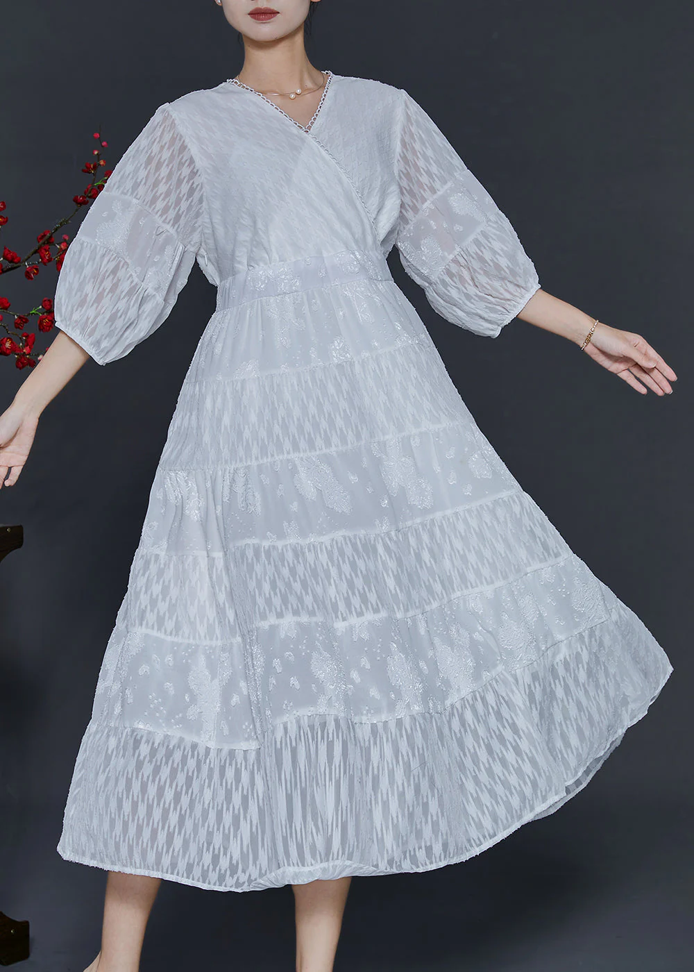 Beautiful White V Neck Patchwork Chiffon Vacation Dresses Summer - Image 3