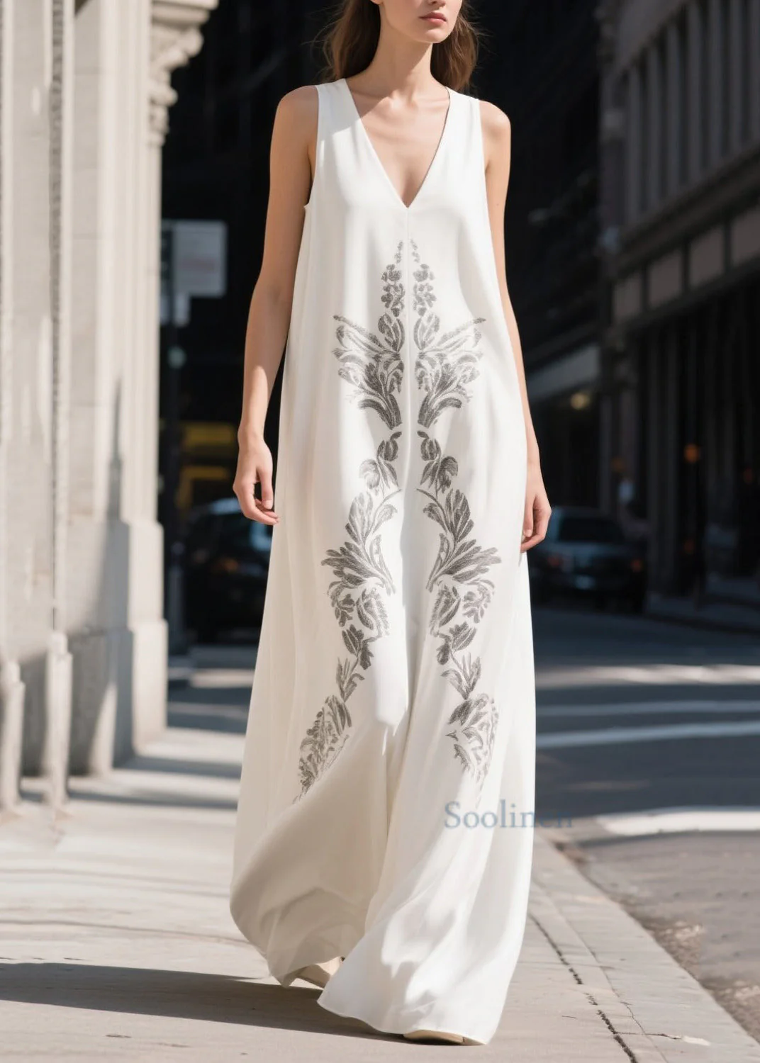 Beautiful White V Neck Print Chiffon Maxi Dresses Summer - Image 5