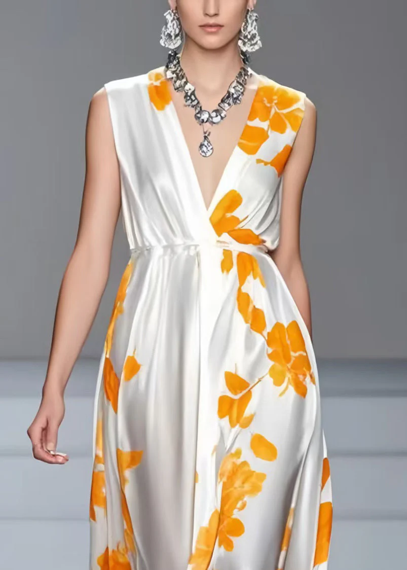 Beautiful White V Neck Print Silk Summer Dress Sleeveless - Image 2