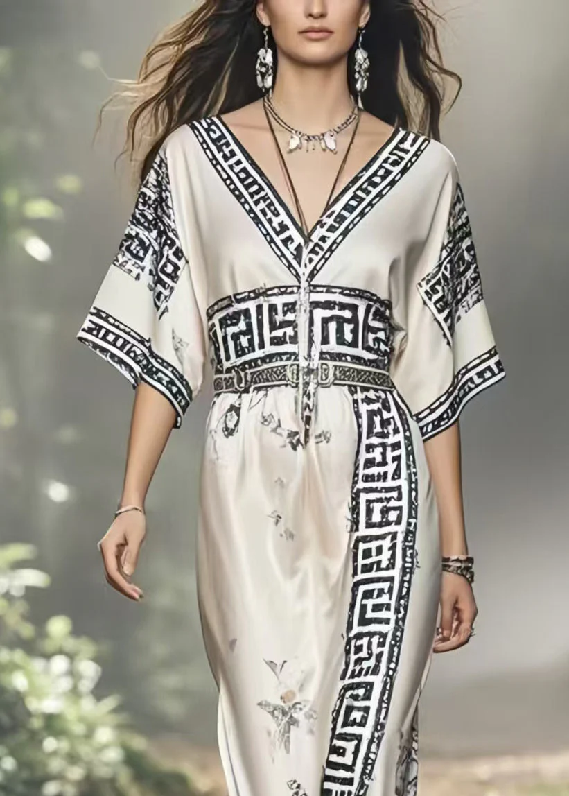 Beautiful White V Neck Print Silk Vacation Dresses Summer - Image 2