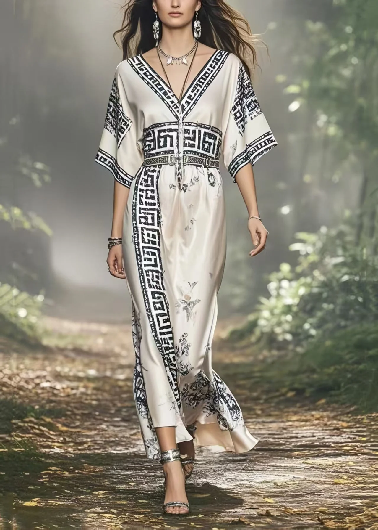 Beautiful White V Neck Print Silk Vacation Dresses Summer - Image 3