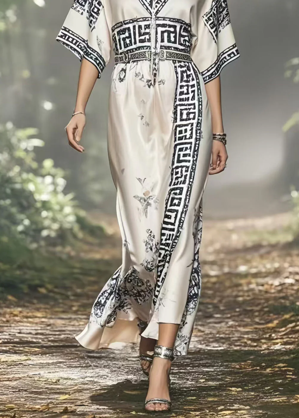 Beautiful White V Neck Print Silk Vacation Dresses Summer - Image 4