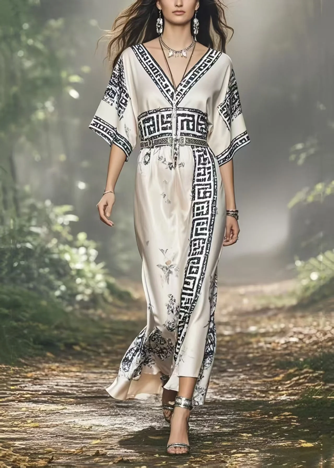 Beautiful White V Neck Print Silk Vacation Dresses Summer - Image 5