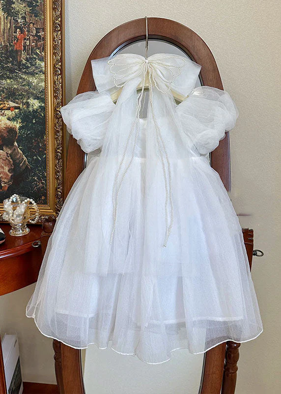 Beautiful White Wrinkled Patchwork Tulle Kids Girls Princess Dresses Summer - Image 4