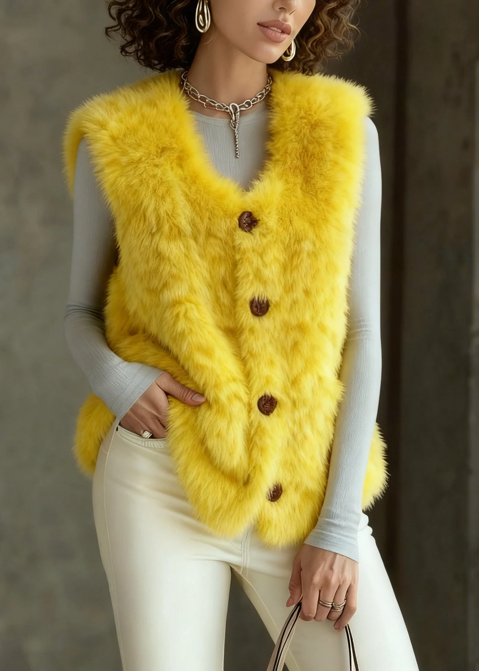 Beautiful Yellow Button Faux Fur Vest Tops Sleeveless - Image 3