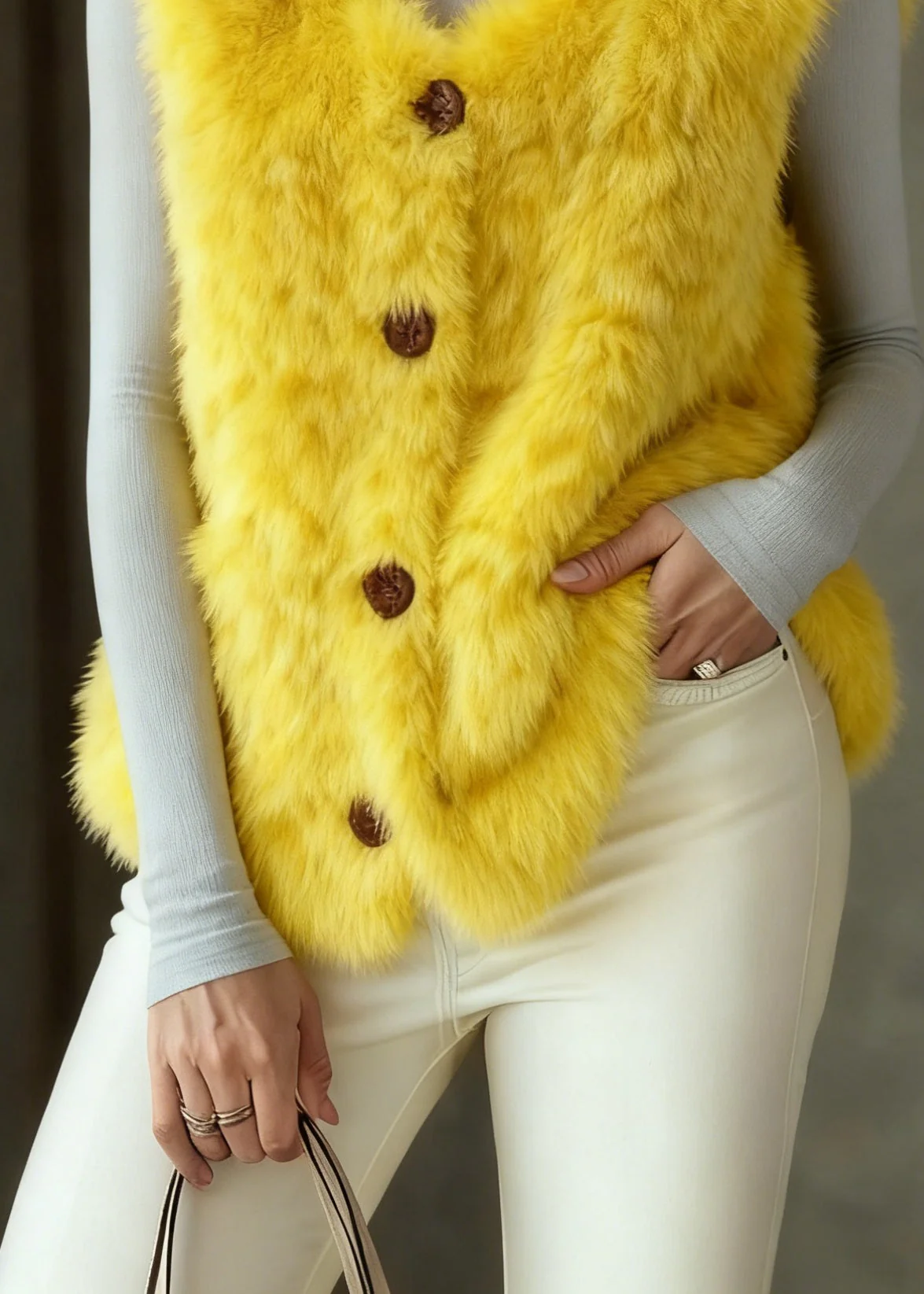 Beautiful Yellow Button Faux Fur Vest Tops Sleeveless - Image 4