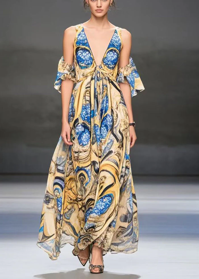 Beautiful Yellow Cold Shoulder Print Chiffon Dress Summer - Image 5
