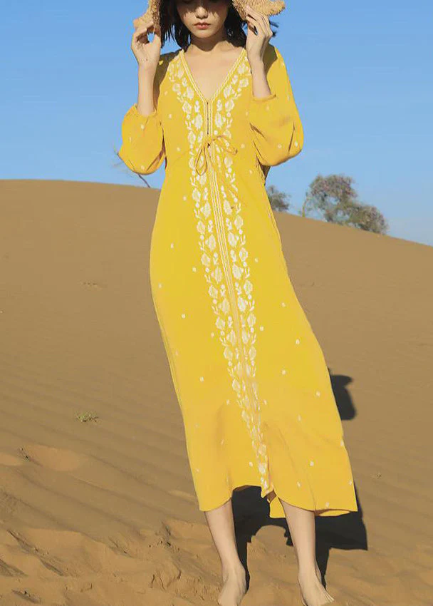 Beautiful Yellow Embroidered Lace Up Cotton Long Dresses Bracelet Sleeve - Image 2
