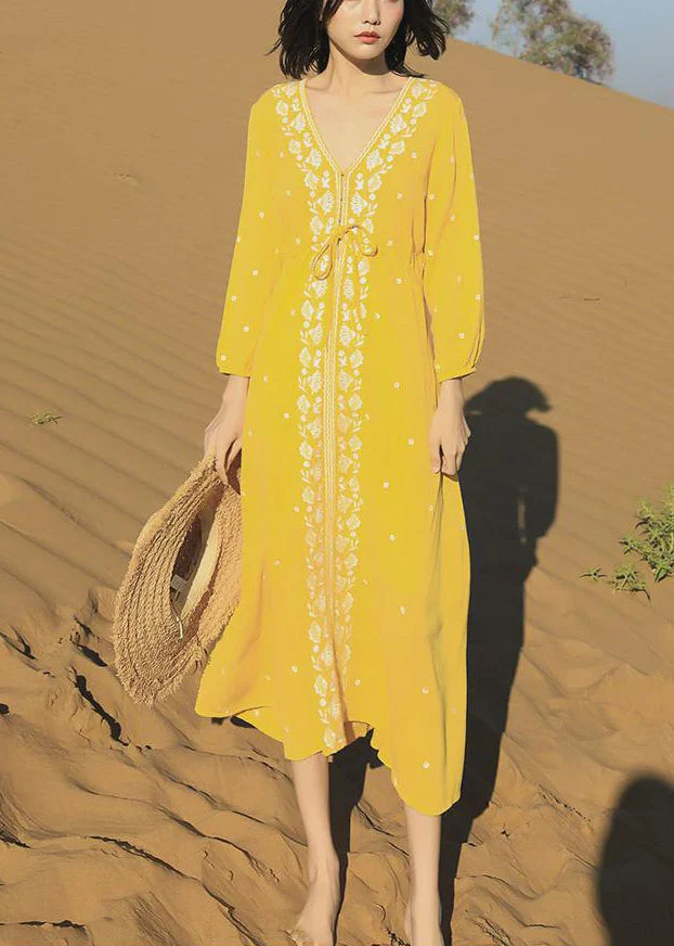 Beautiful Yellow Embroidered Lace Up Cotton Long Dresses Bracelet Sleeve - Image 3