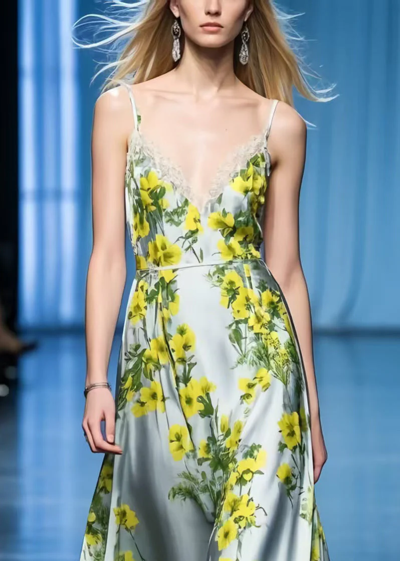 Beautiful Yellow Floral Patchwork Lace Spaghetti Strap Sundress Summer - Image 2