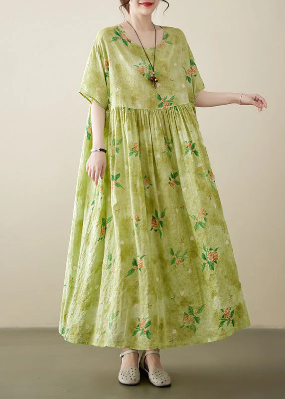 Beautiful Yellow Green Print Wrinkled Cotton Long Dress Summer - Image 2