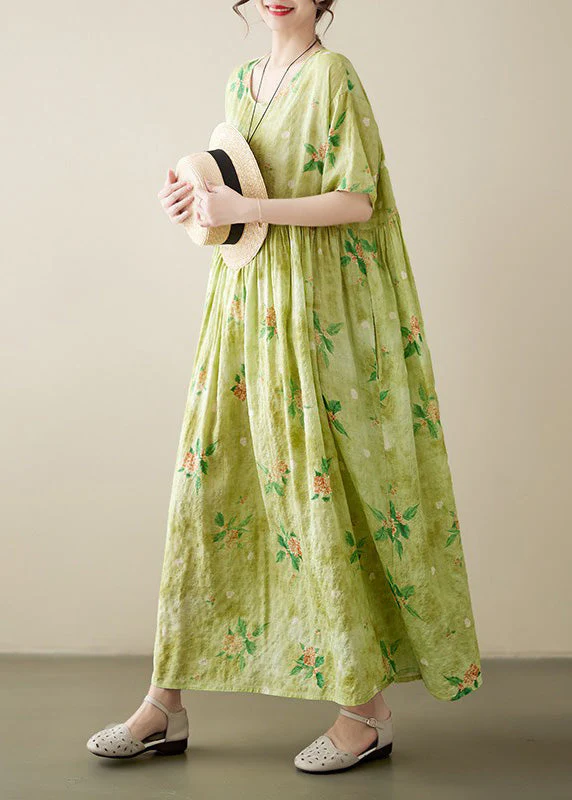 Beautiful Yellow Green Print Wrinkled Cotton Long Dress Summer - Image 3