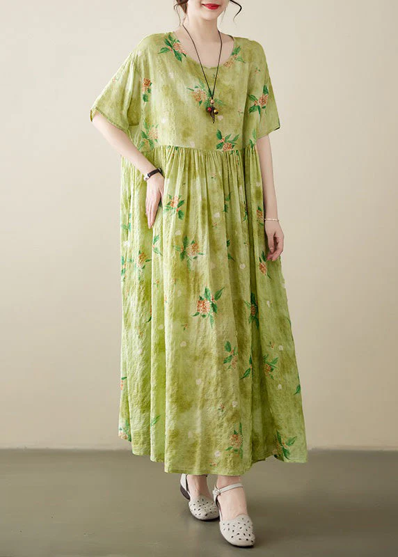 Beautiful Yellow Green Print Wrinkled Cotton Long Dress Summer - Image 4