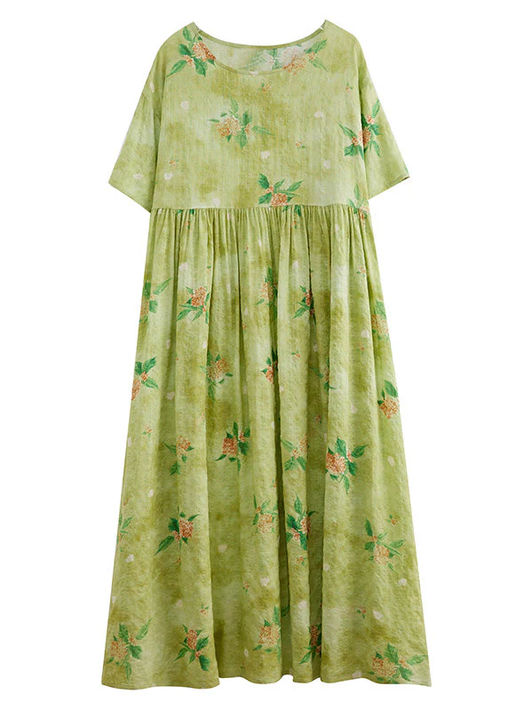 Beautiful Yellow Green Print Wrinkled Cotton Long Dress Summer - Image 5
