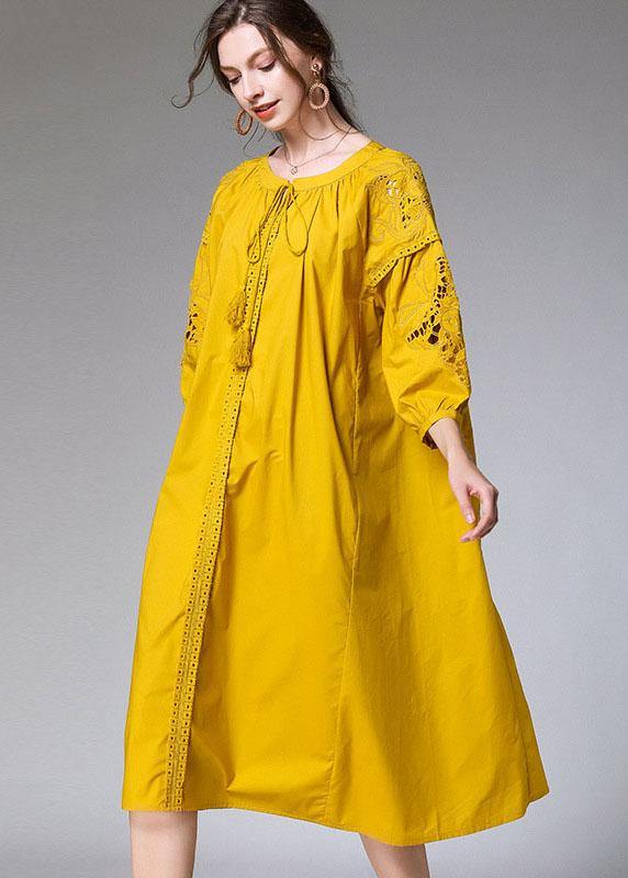 Beautiful Yellow Hollow Out Embroideried Spring Three Quarter Sleeve Mid Dress - Image 2