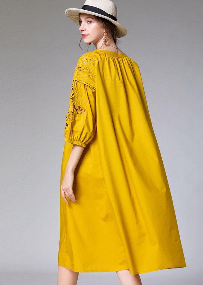 Beautiful Yellow Hollow Out Embroideried Spring Three Quarter Sleeve Mid Dress - Image 4