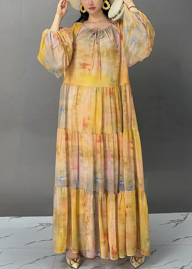 Beautiful Yellow Lace Up Patchwork Cotton Maxi Dresses Fall - Image 2