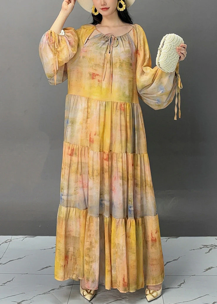 Beautiful Yellow Lace Up Patchwork Cotton Maxi Dresses Fall - Image 3