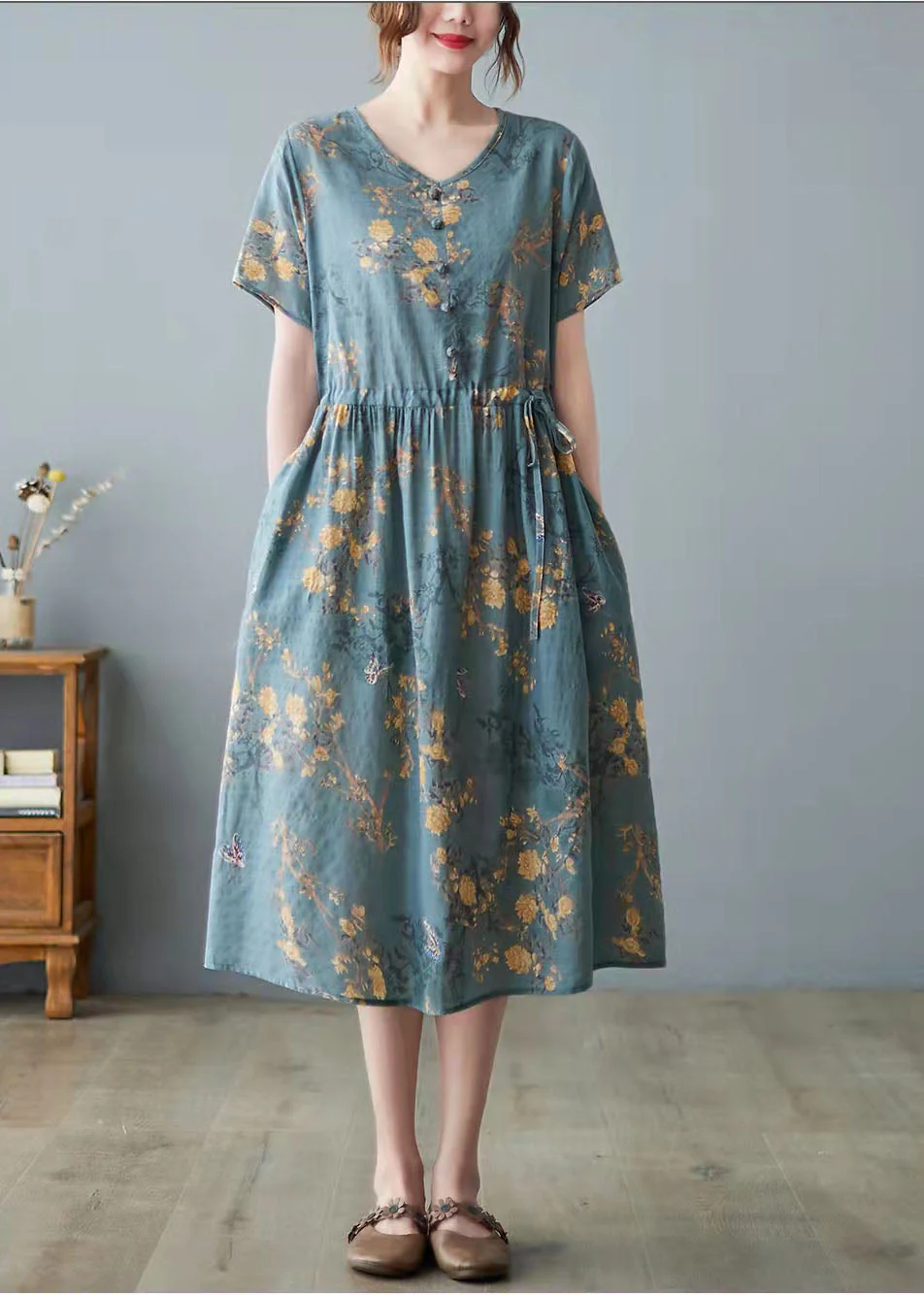 Beautiful yellow leopard print bamboo Pockets Print O Neck Dress - Image 4