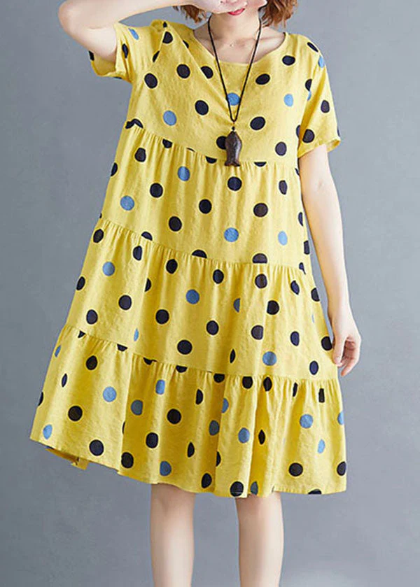 Beautiful Yellow O-Neck Dot Print Cotton Party Dress Short Sleeve - Image 2
