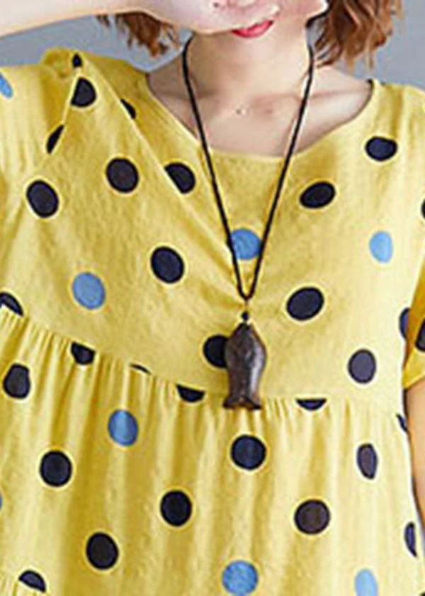 Beautiful Yellow O-Neck Dot Print Cotton Party Dress Short Sleeve - Image 5