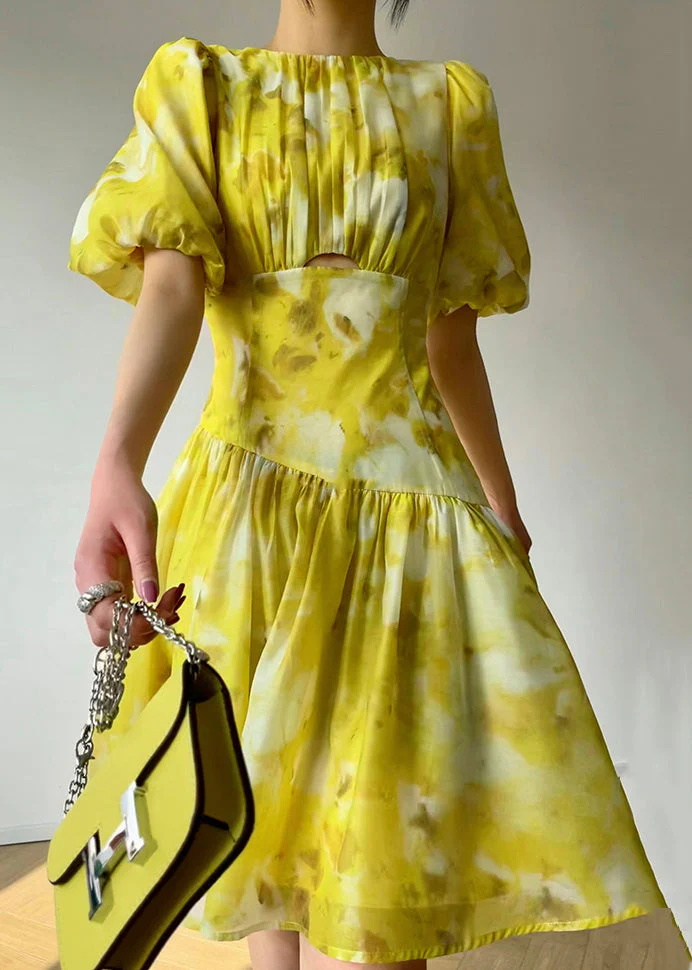 Beautiful Yellow O Neck Print High Waist Dress Summer - Image 2