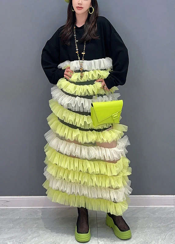 Beautiful Yellow O Neck Tulle Patchwork Fluffy Dresses Long Sleeve