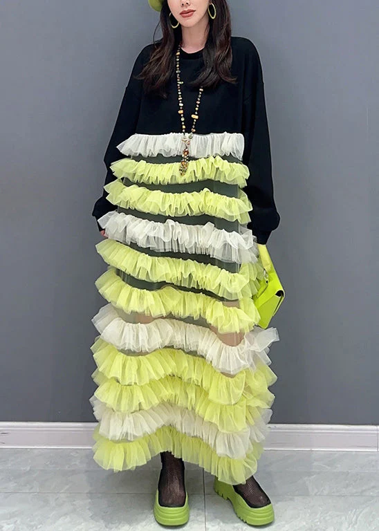 Beautiful Yellow O Neck Tulle Patchwork Fluffy Dresses Long Sleeve - Image 2